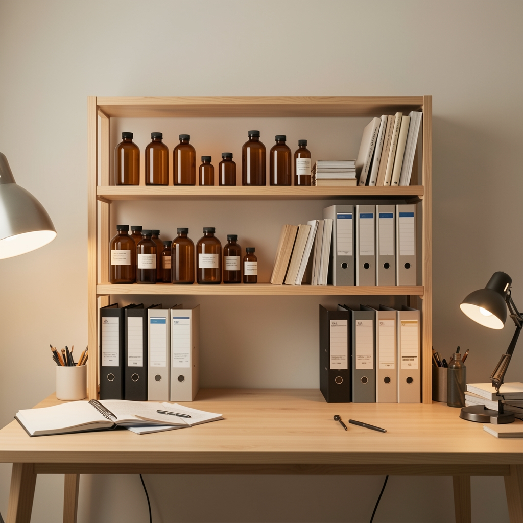 Pelantra formulation studio interior in Jakarta, clean wooden workbench with lined amber glass supplement bottles under controlled studio lighting, ingredient documentation visible