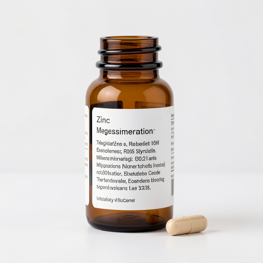 Pelantra Core Mineral Complex amber glass bottle on a white surface, label showing zinc and magnesium formulation details, single capsule placed beside the bottle